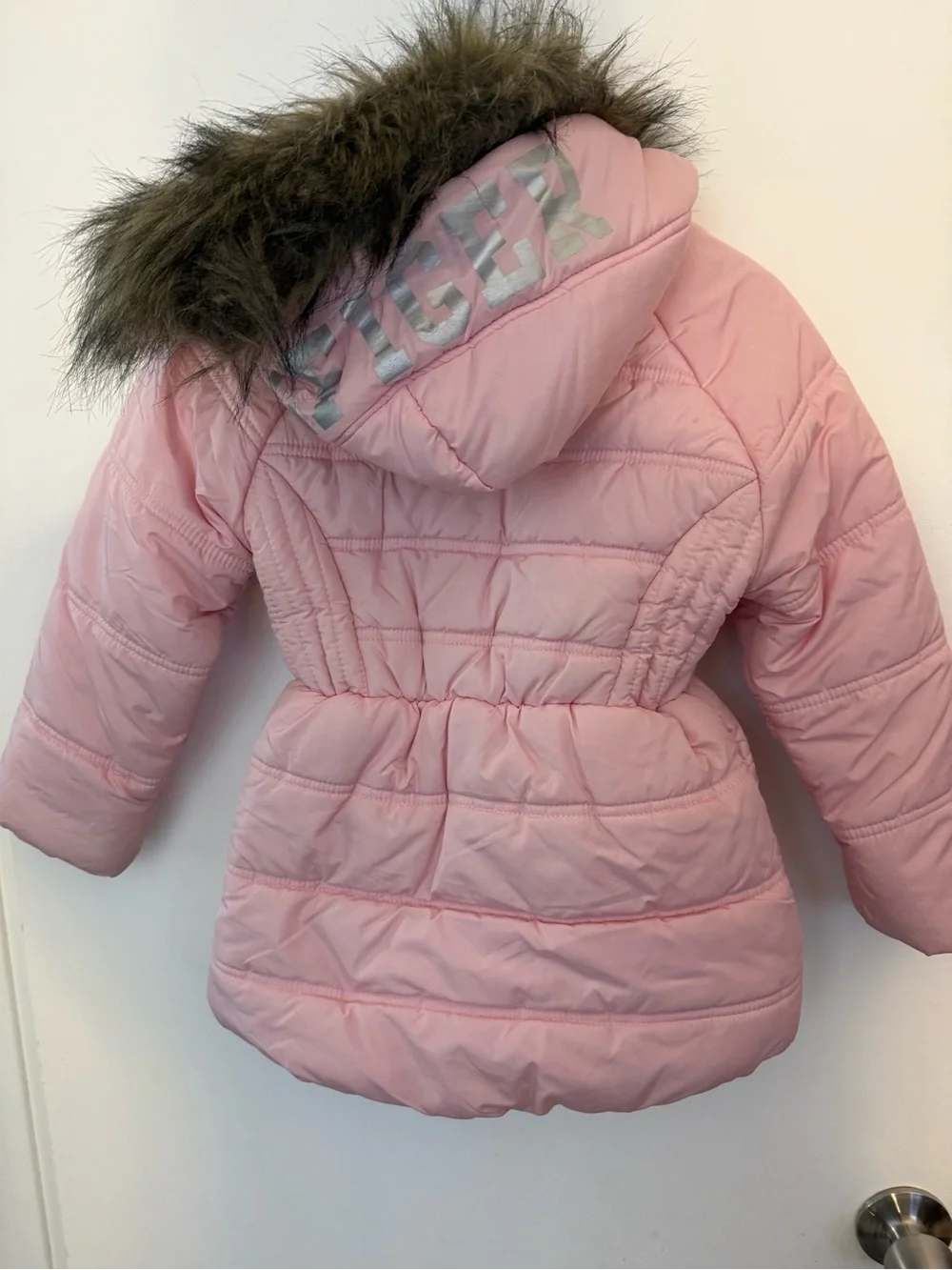 Tommy Hilfiger Light Pink Quilted Girls Puffer Coat with Faux Fur Hood